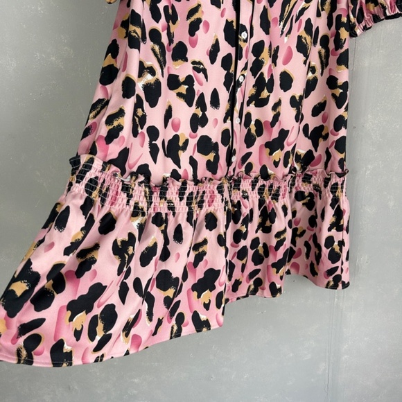 VOY size L pink leopard drop waist ruffle dress short puff sleeve button front - Picture 5 of 12